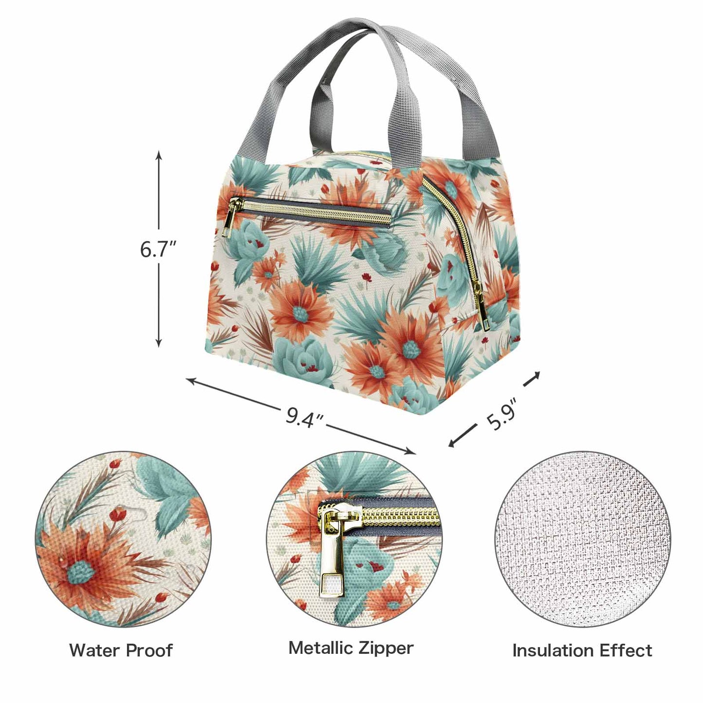 Boho Floral  Portable Lunch Bag-Grey Handle