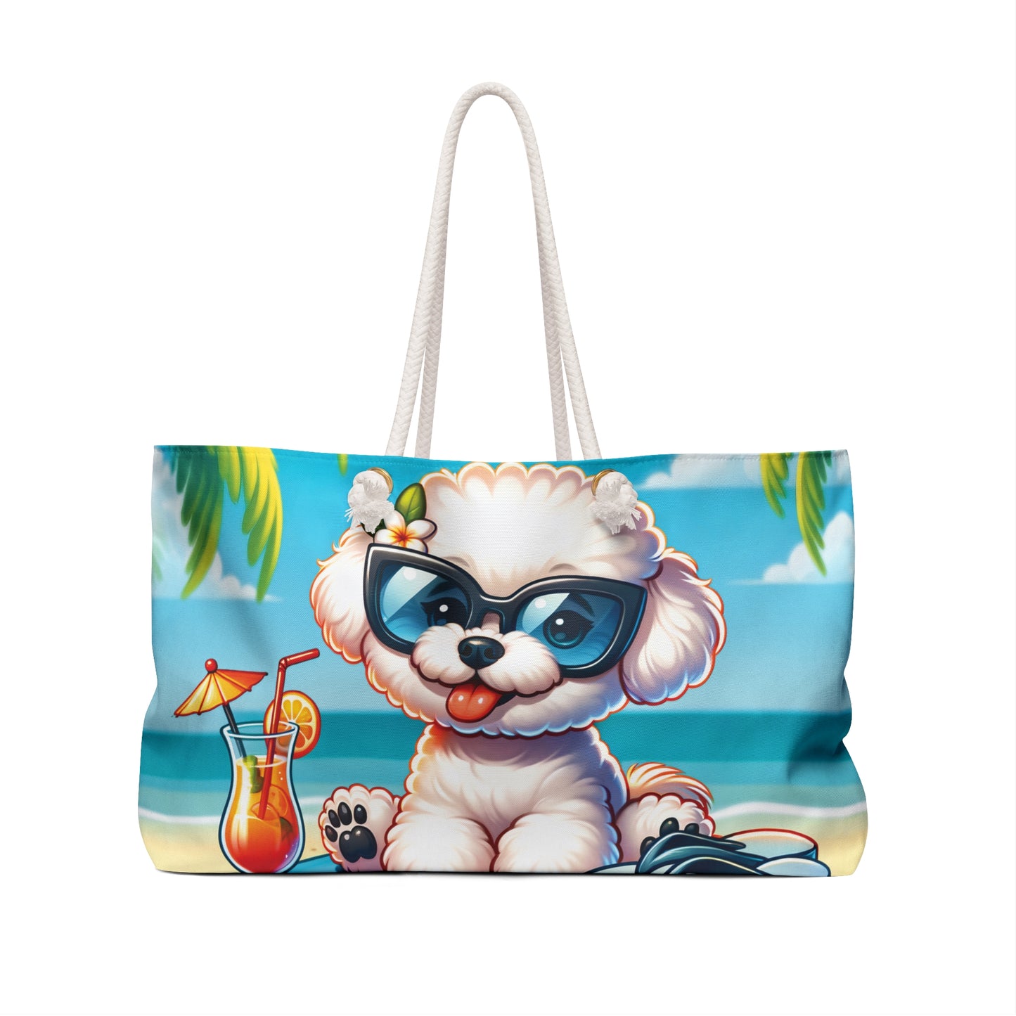 Personalised/Non-Personalised Weekender Bag, Summer Beach Dog, Bichon Frise, Large Weekender Bag, Beach Bag, Book Bag