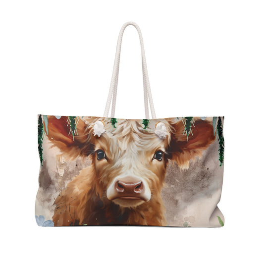 Personalised/Non-Personalised Weekender Bag, Highland Cow, Large Weekender Bag, Beach Bag, Book Bag