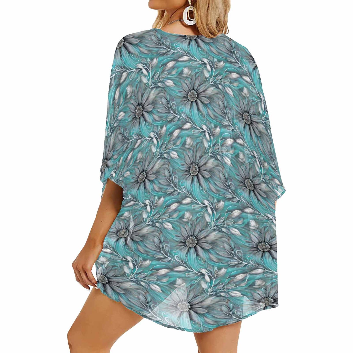 Green Elegant Floral Small Print Women's Kimono Chiffon Cover Up