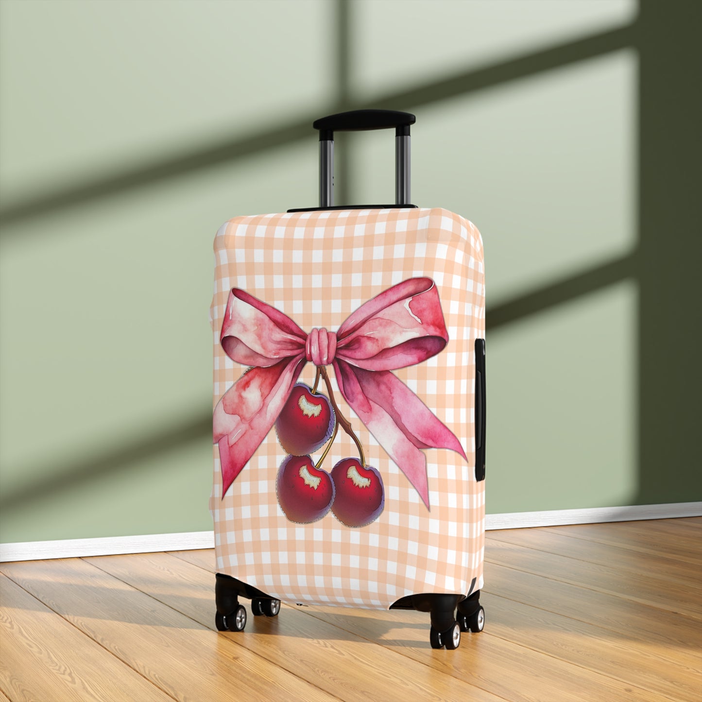 Luggage Cover, Rockabilly, Coquette, Pastel Orange Gingham, Cherries and Ribbon, awd-2510