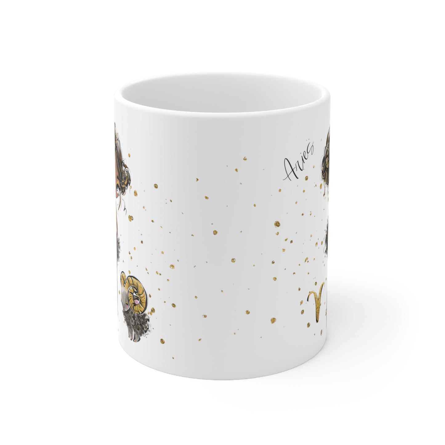 Personalised/Non Personalised Zodiac Sign, Aries, Ceramic Mug 11oz Brunette Hair - Olive Skin - Blue Eyes