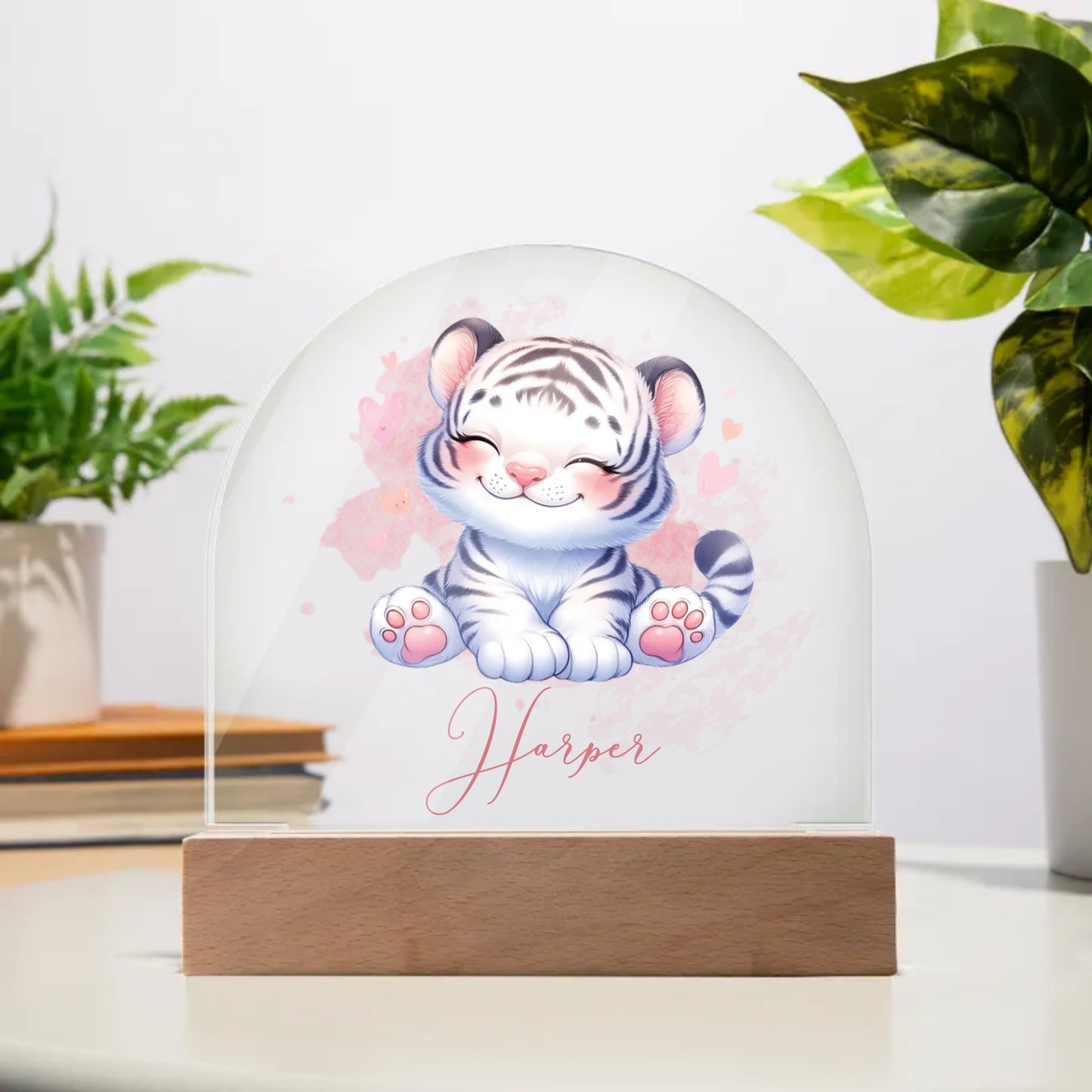 Personalised White Tiger Acrylic Dome Plaque Wooden Base Night Light