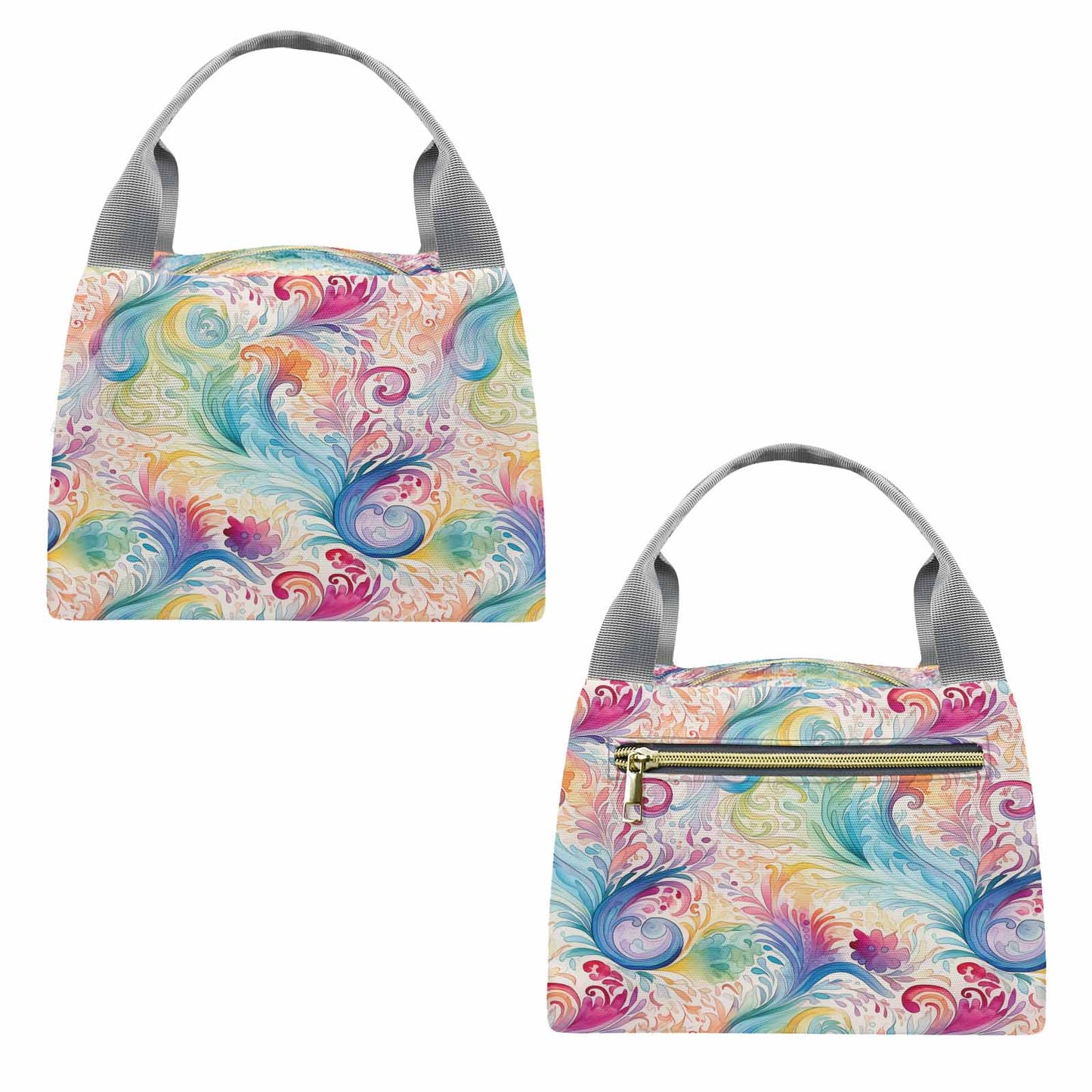 Pastel Rainbow Paisley  Portable Lunch Bag-Grey Handle