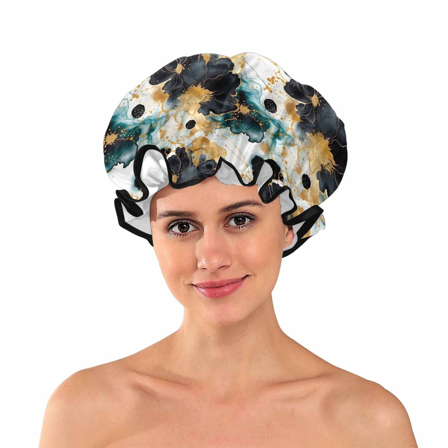 Black Gold & Green Ink Floral  Shower Cap