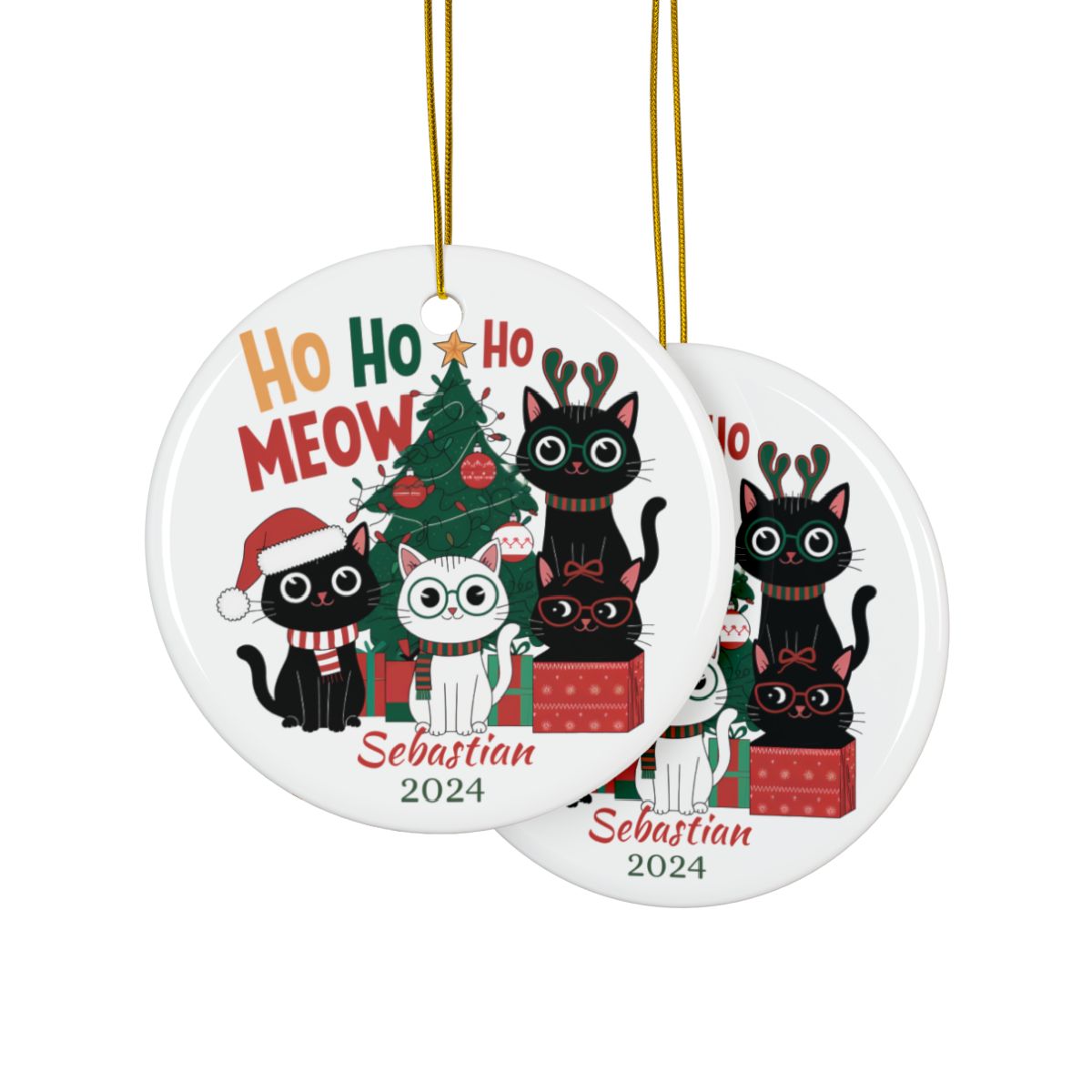 Christmas Cat Ornament, Personalized Ceramic Decoration, Cute Holiday Gift, Family Tree Ornament, Custom Cat Keepsake