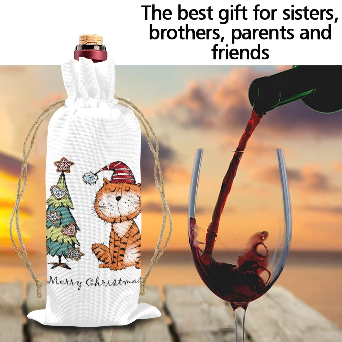 Merry Christmas Whimsical Cat Linen Wine Bottle Bag