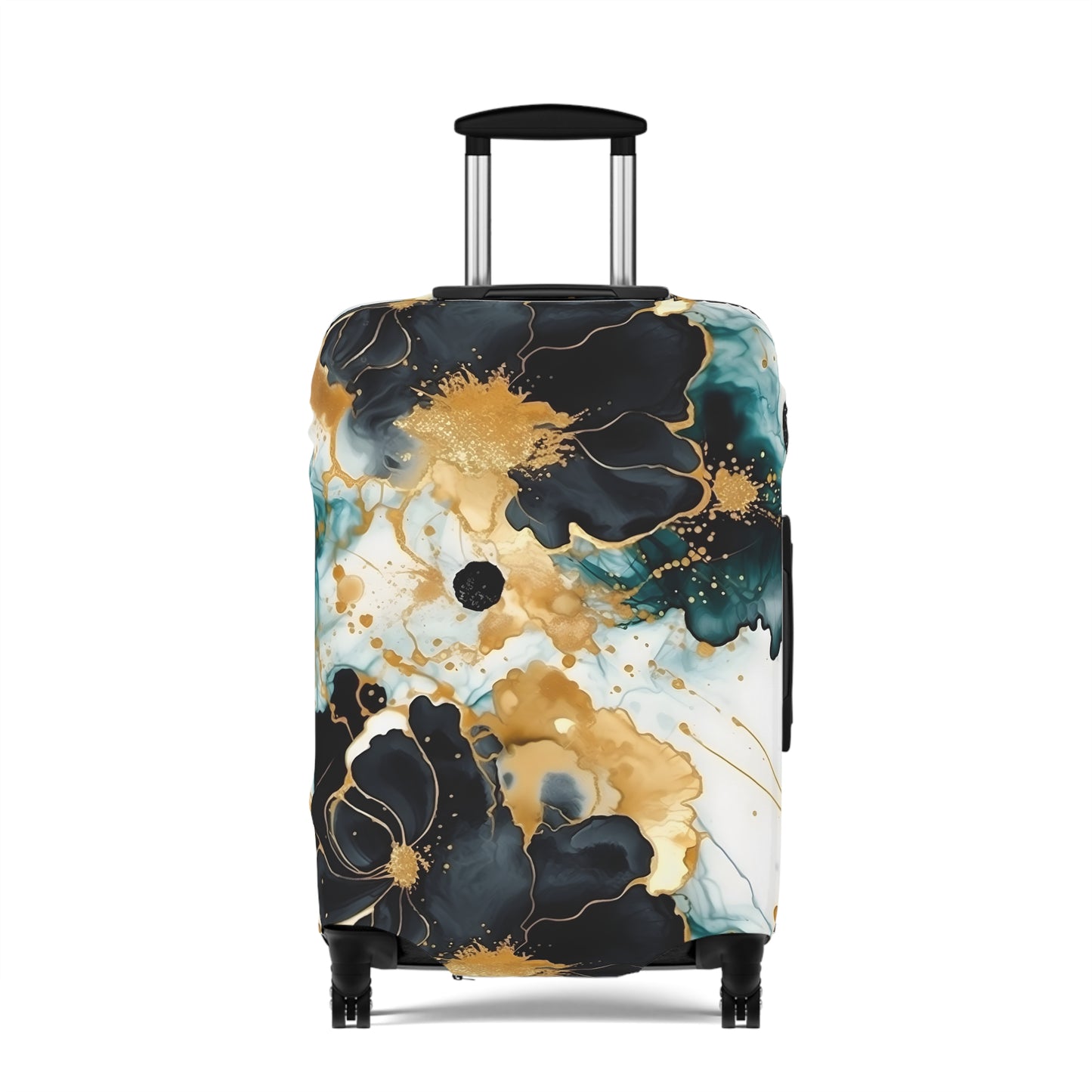 Luggage Cover, Alcohol Ink Black, Green and Gold Floral