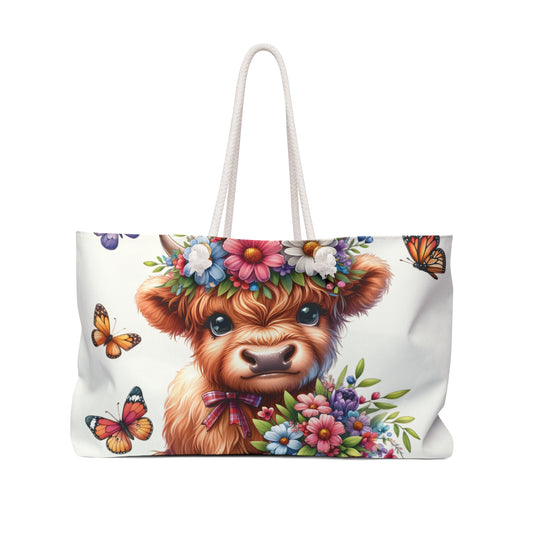 Personalised/Non-Personalised Weekender Bag, Highland Cow, Large Weekender Bag, Beach Bag, Book Bag