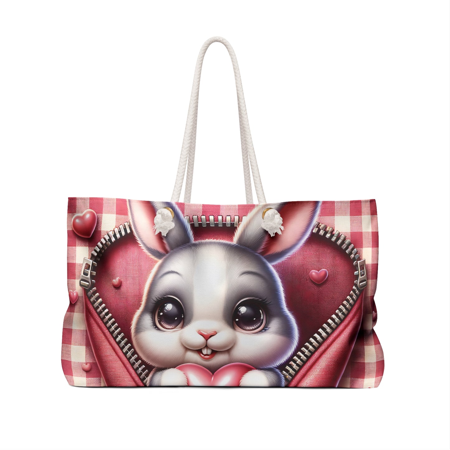 Personalised/Non-Personalised Weekender Bag, Cute Rabbit, Zipper, Valentines Day, Large Weekender Bag, Beach Bag, Book Bag