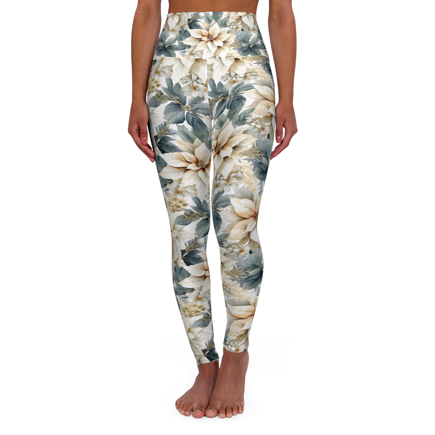 High Waisted Yoga Leggings White Poinsettia Lge Flower