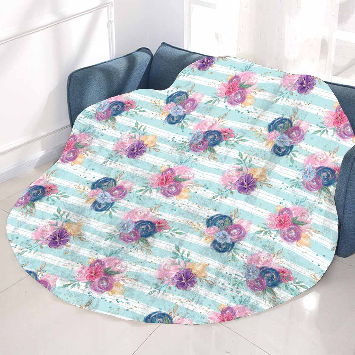 Purple and Pink floral Blue Stripes  Circular Micro Fleece Blanket 60"