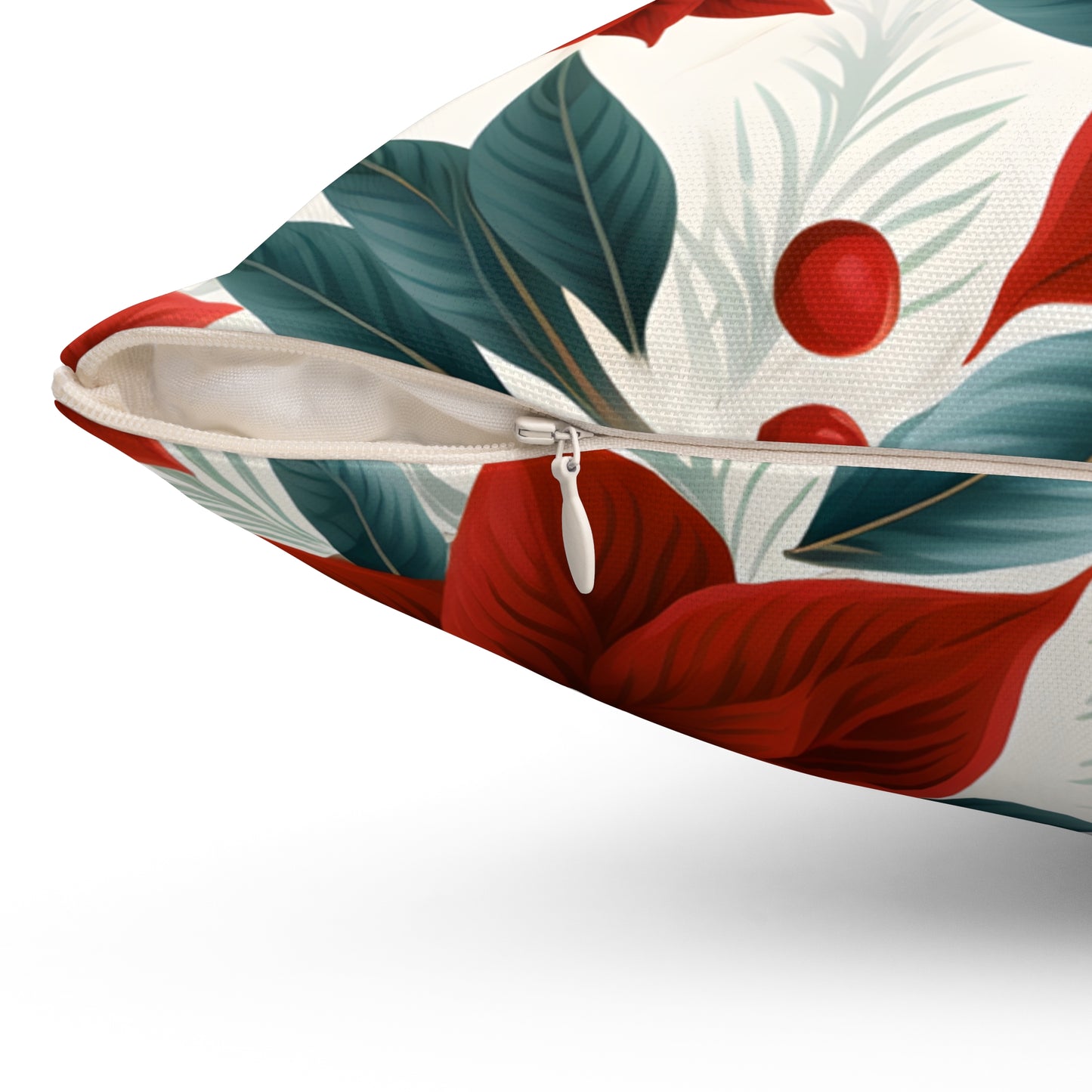 Spun Polyester Square Pillow, Red Poinsettia Floral Cushion