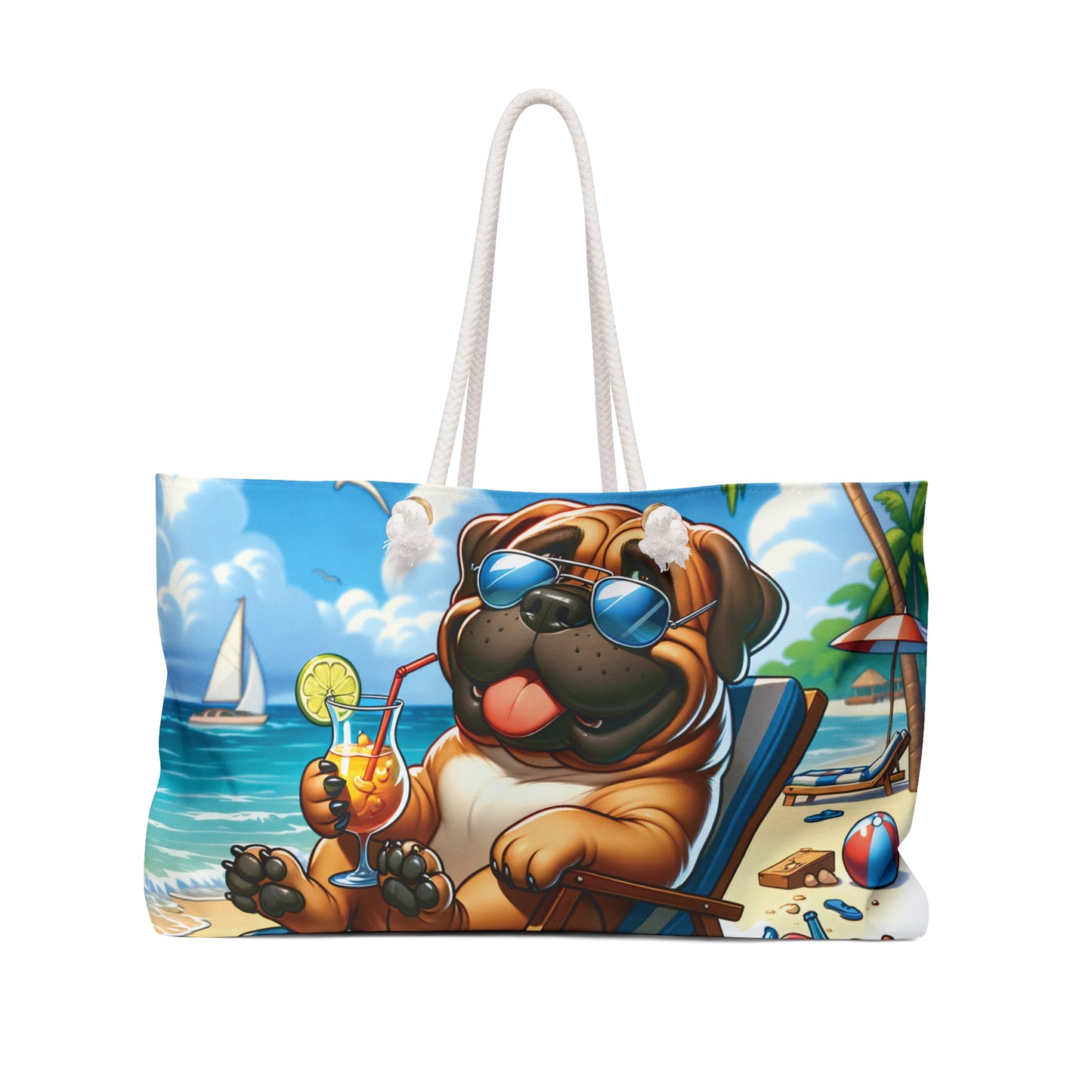 Personalised/Non-Personalised Weekender Bag, Summer Beach Dog, Bull Mastiff, Large Weekender Bag, Beach Bag, Book Bag