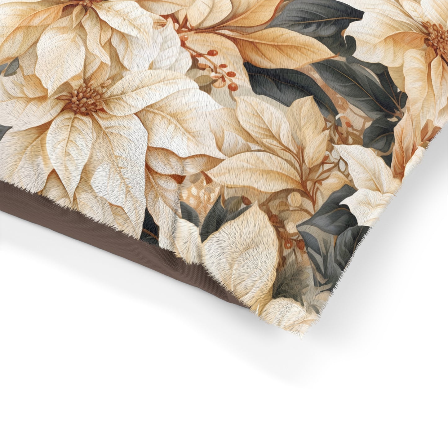 Luxury Pet Bed, feather soft fleece, Cream Poinsettia