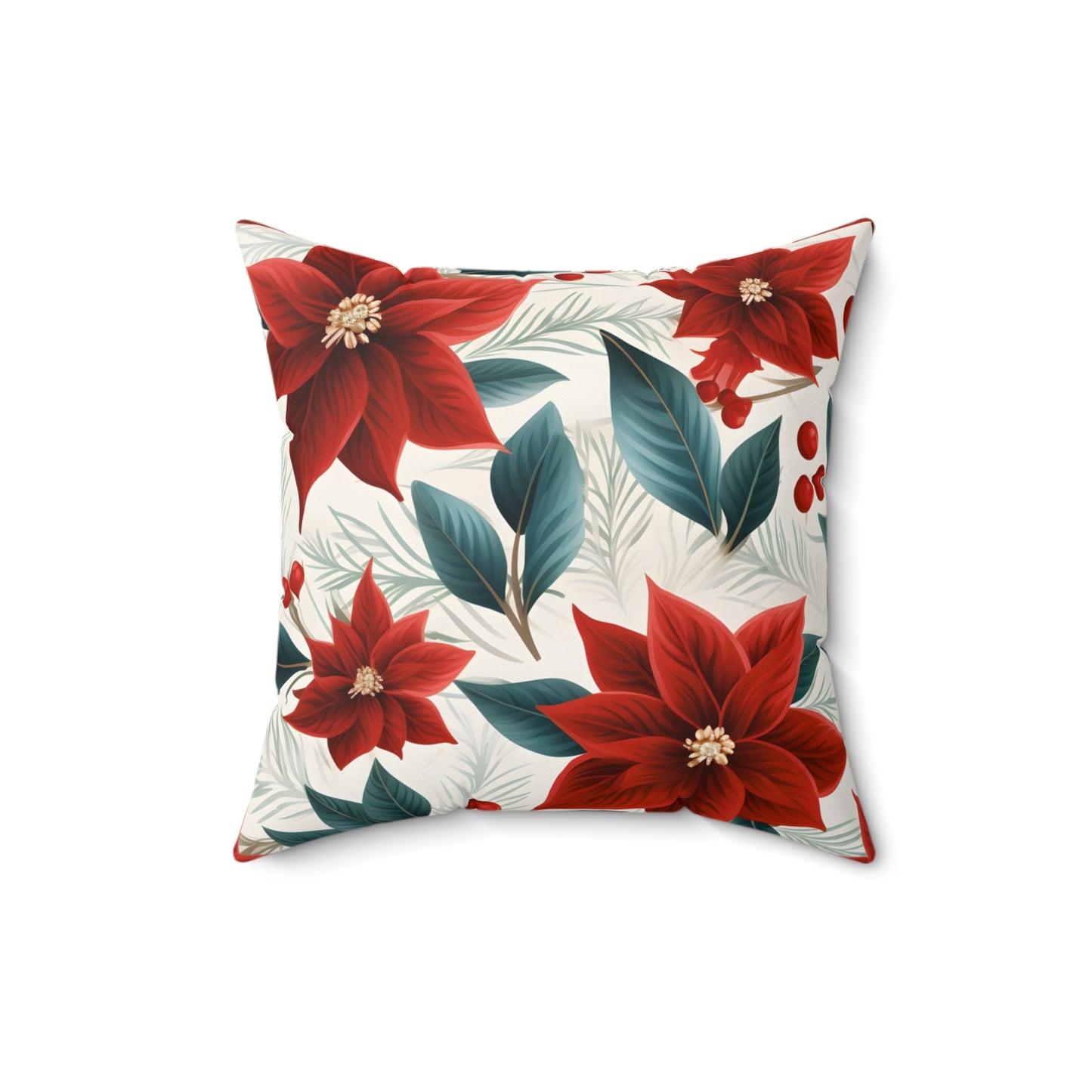 Spun Polyester Square Pillow, Red Poinsettia Floral Cushion