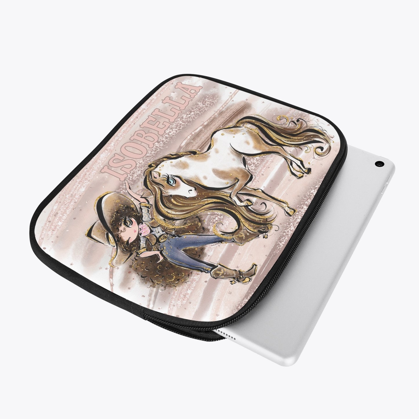 Tablet Sleeve - Howdy, Cowgirl and Horse, Brunette Hair, Brown Eyes