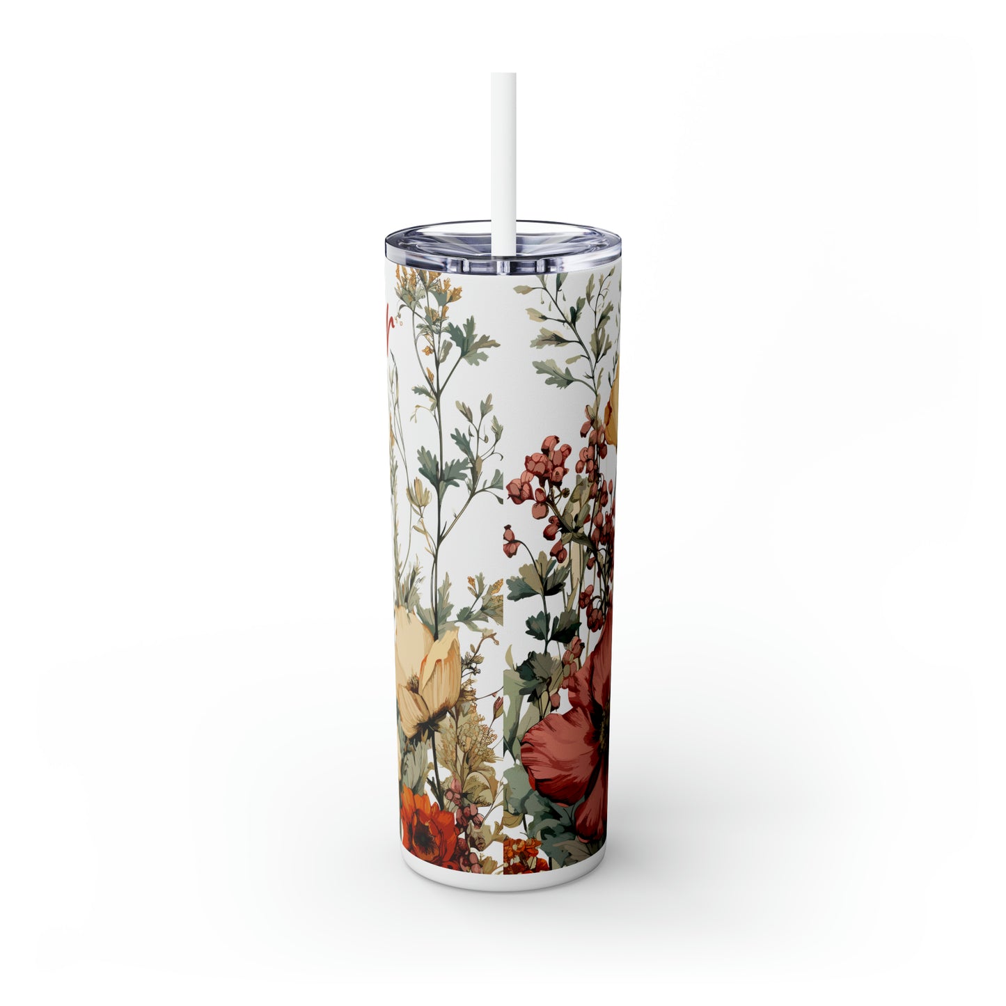 Skinny Tumbler with Straw, 20oz, Personalised, Floral