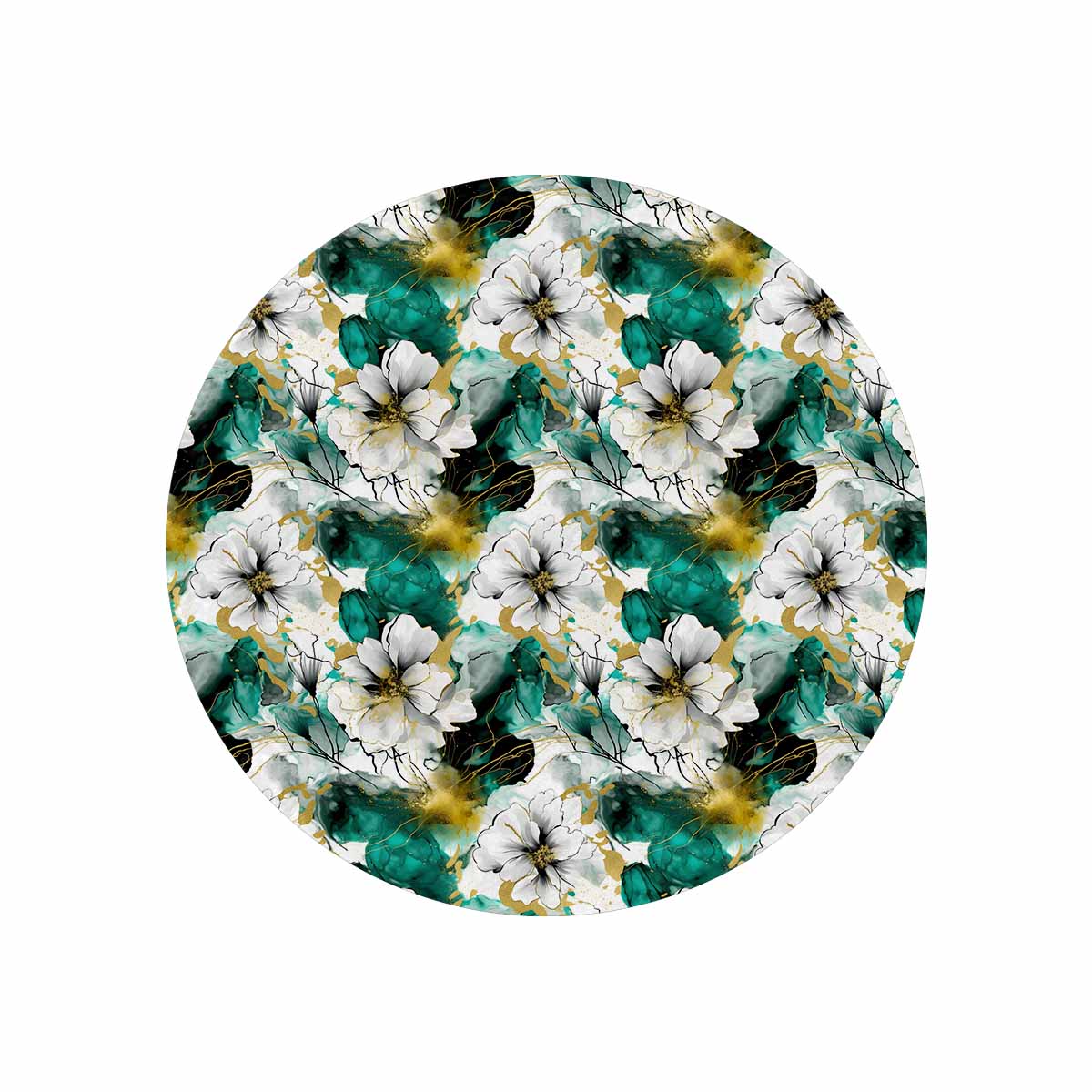 Green and White Ink Floral  Circular Micro Fleece Blanket 60"