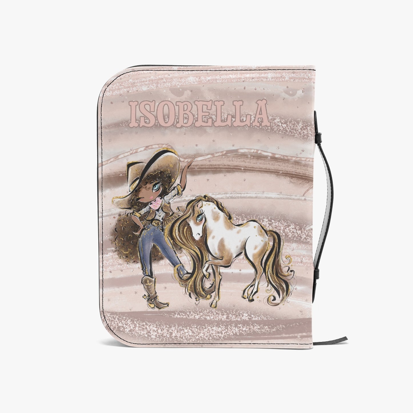 Book/Bible Cover, Howdy, Cowgirl and Horse, Brunette Curly Hair, Blue Eyes