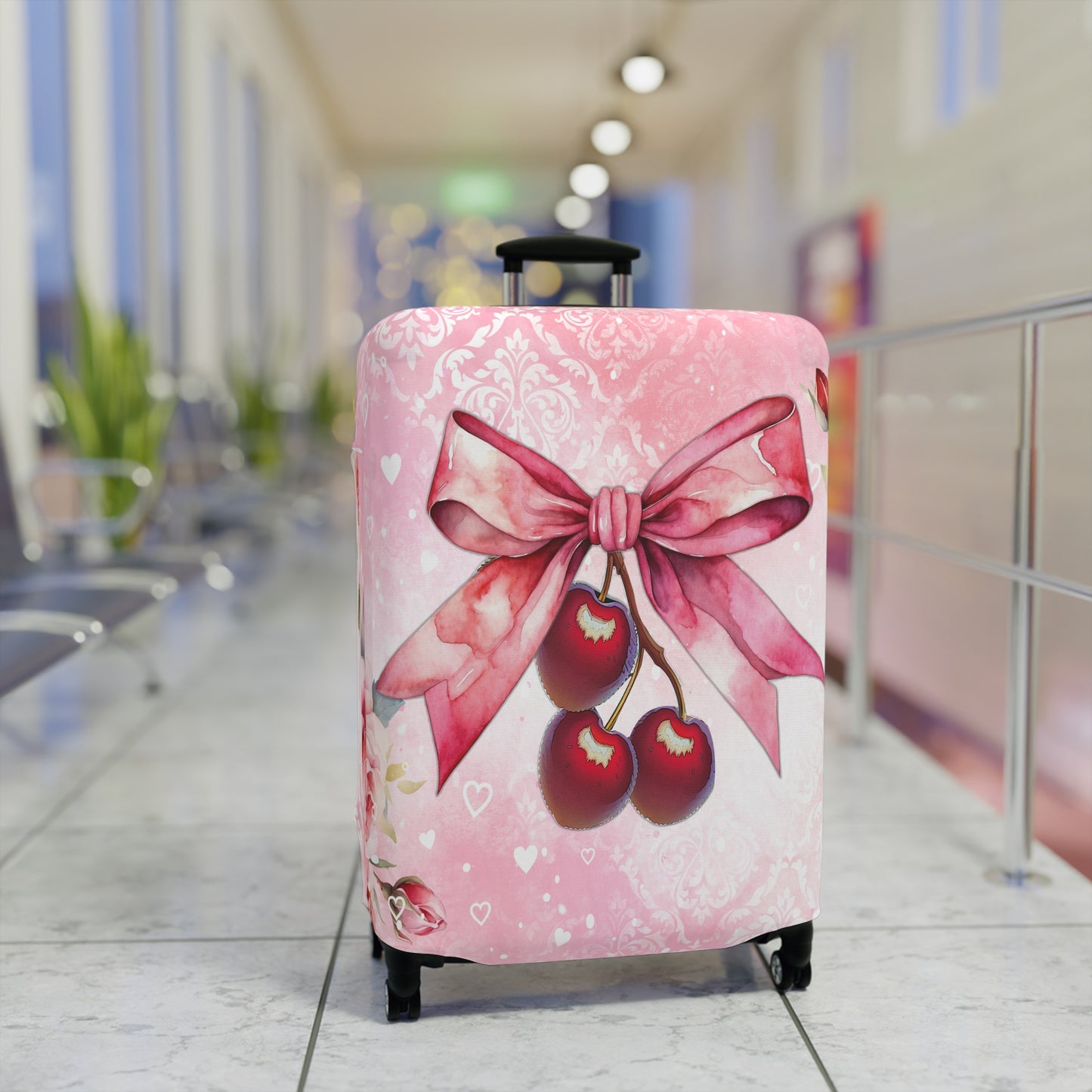 Luggage Cover, Rockabilly, Coquette, Pink Watercolour, Roses, Cherries and Ribbon, awd-2520