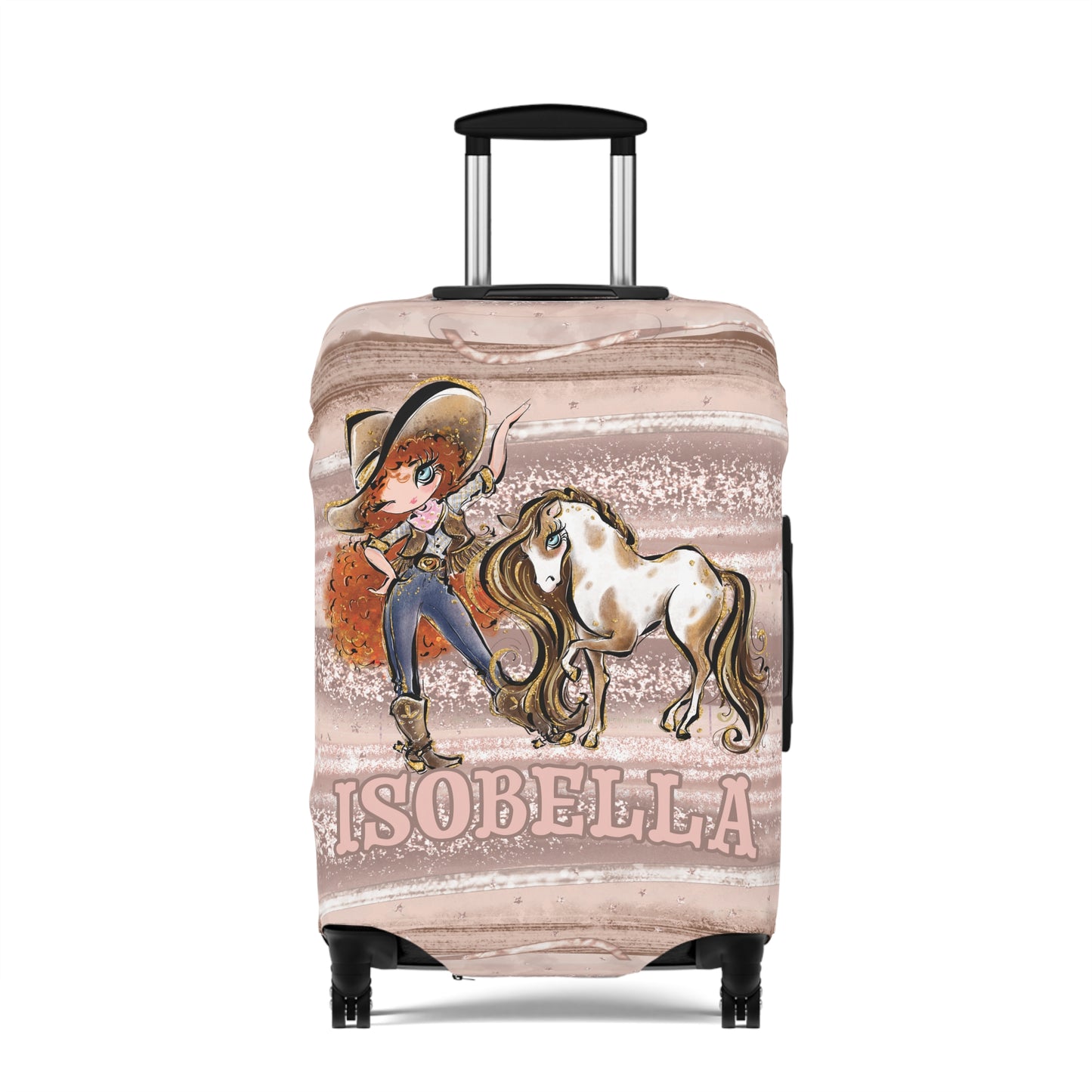 Luggage Cover, Howdy Cowgirl and Horse, Red Curly Hair Blue Eyes