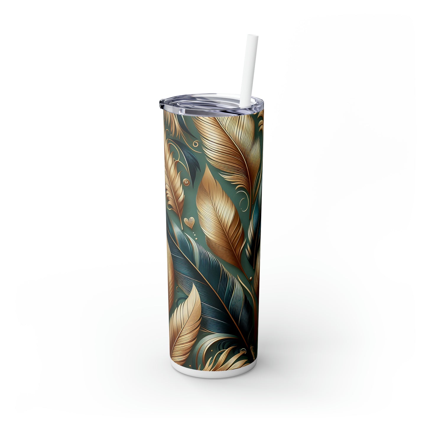 Skinny Tumbler with Straw, 20oz, Green and Gold Leaves, awd-307