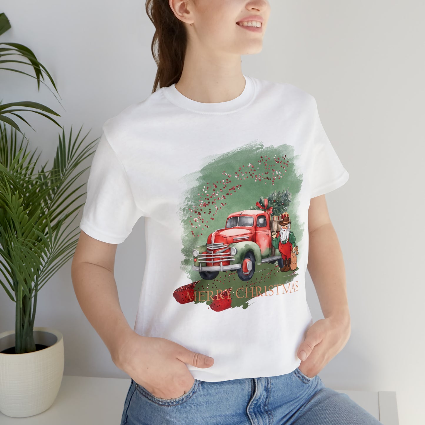 Unisex Adults Jersey Short Sleeve Tee Sage Christmas, Santa, Country Truck, Christmas TShirt, Country Christmas, Western Chrismas