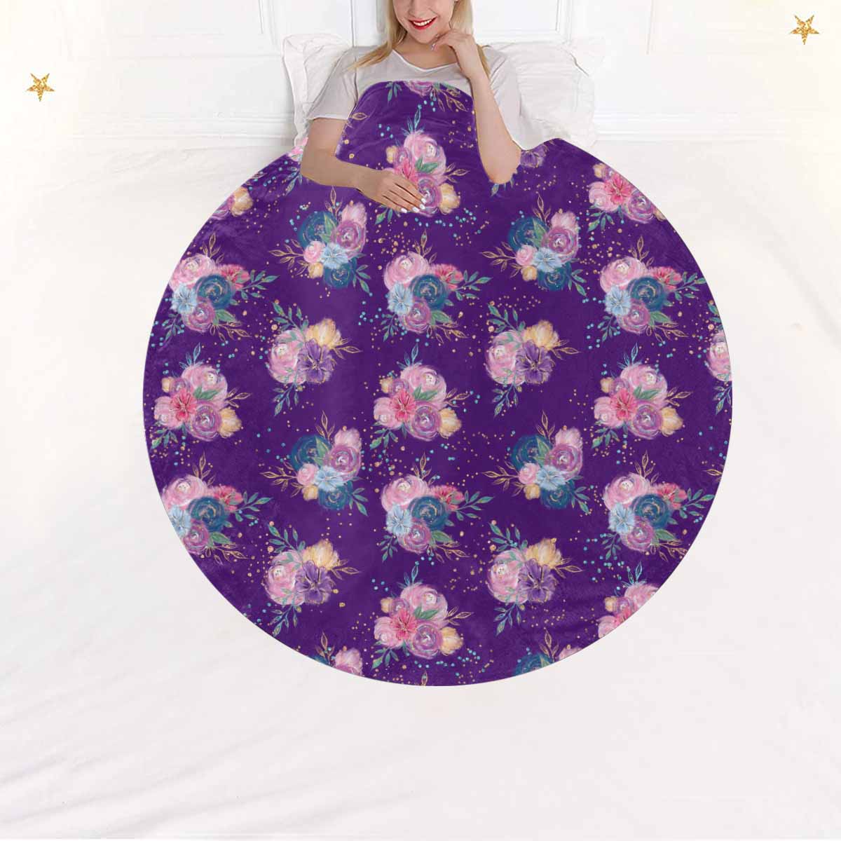 Purple Floral  Circular Micro Fleece Blanket 60"