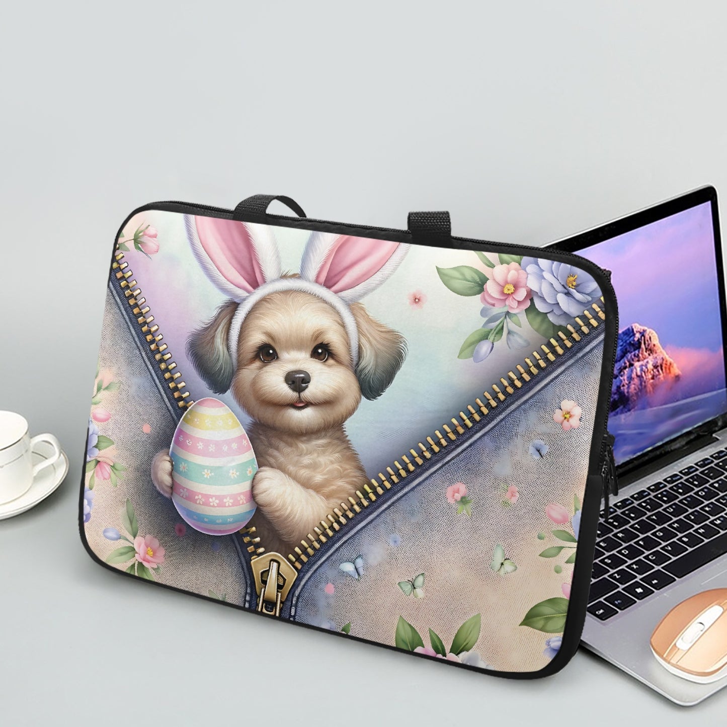 Laptop Sleeve with Handles - Easter - Dog with Bunny Ears