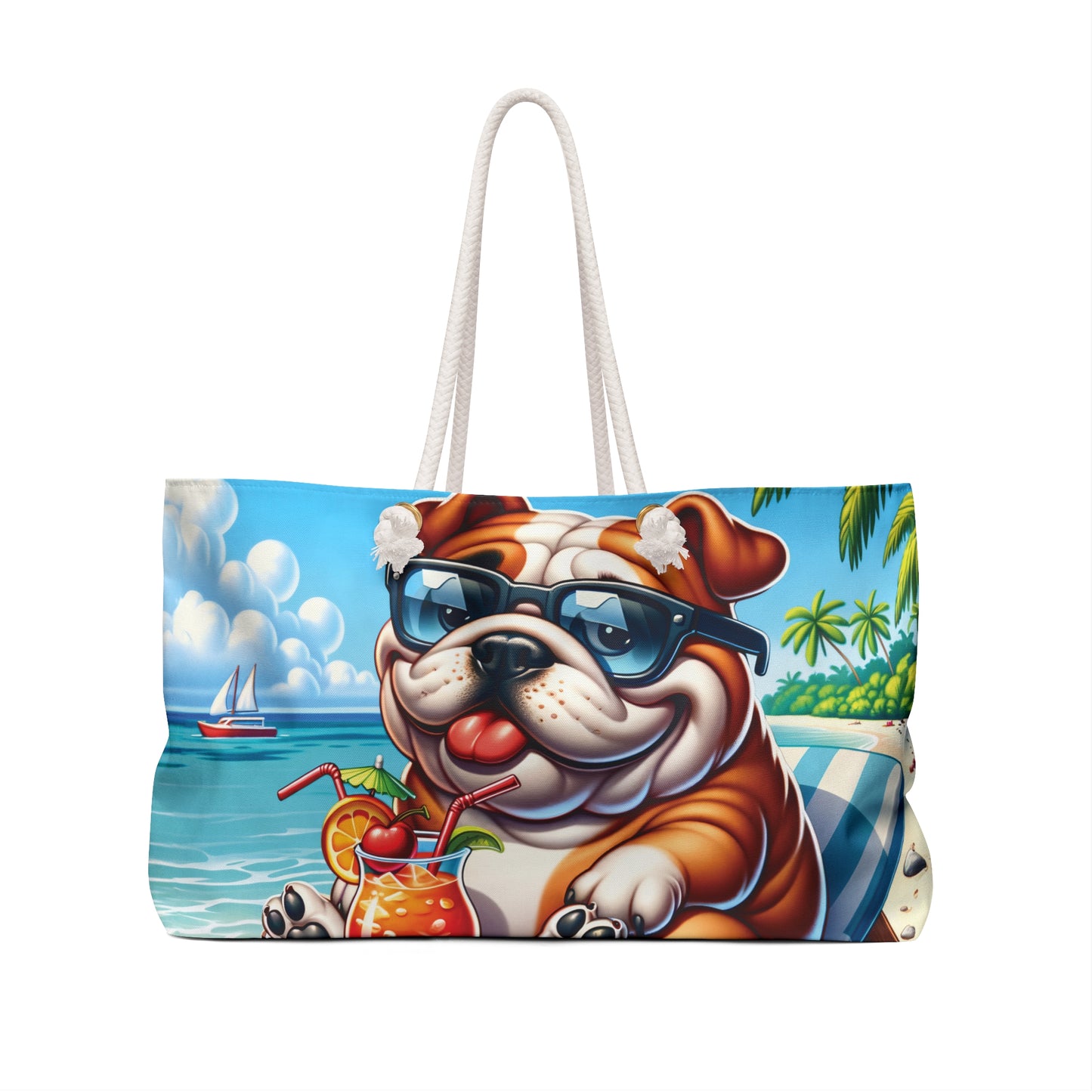 Personalised/Non-Personalised Weekender Bag, Summer Beach Dog, English Bulldog, Large Weekender Bag, Beach Bag, Book Bag