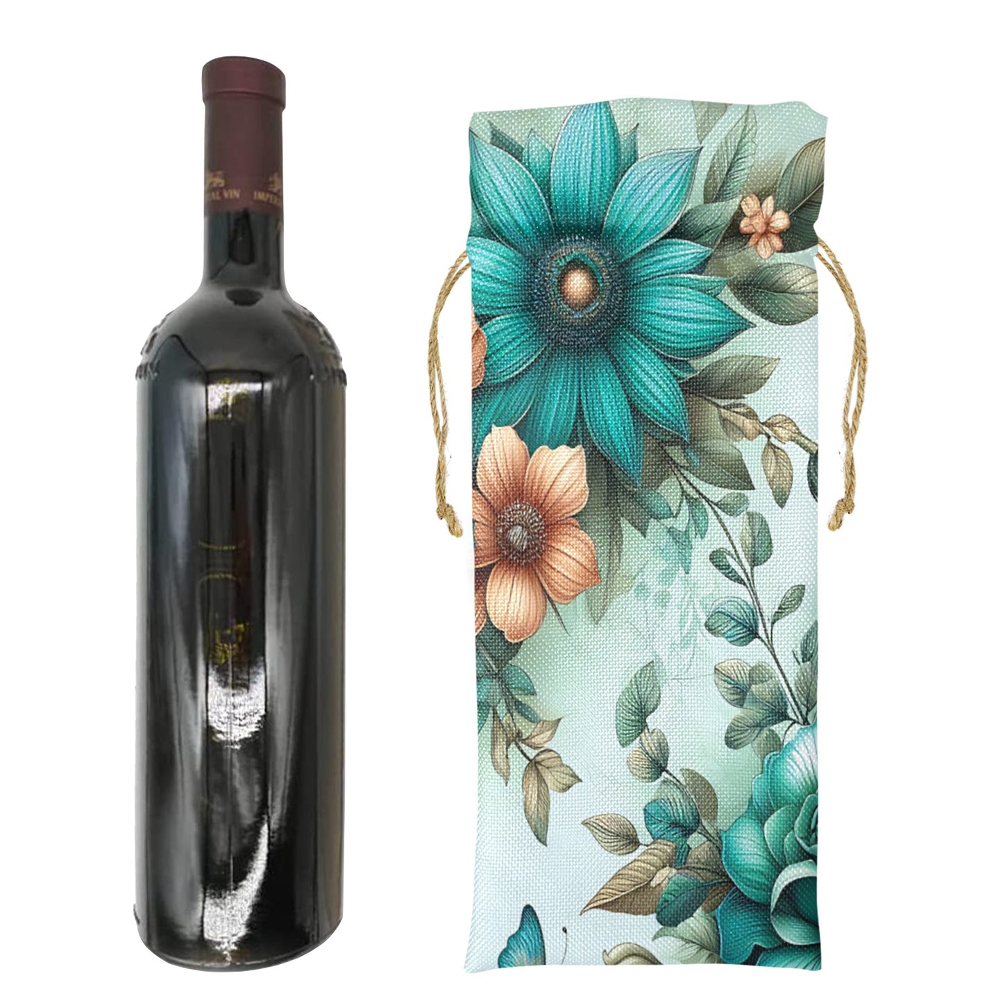 Green Floral awd438 Linen Wine Bottle Bag