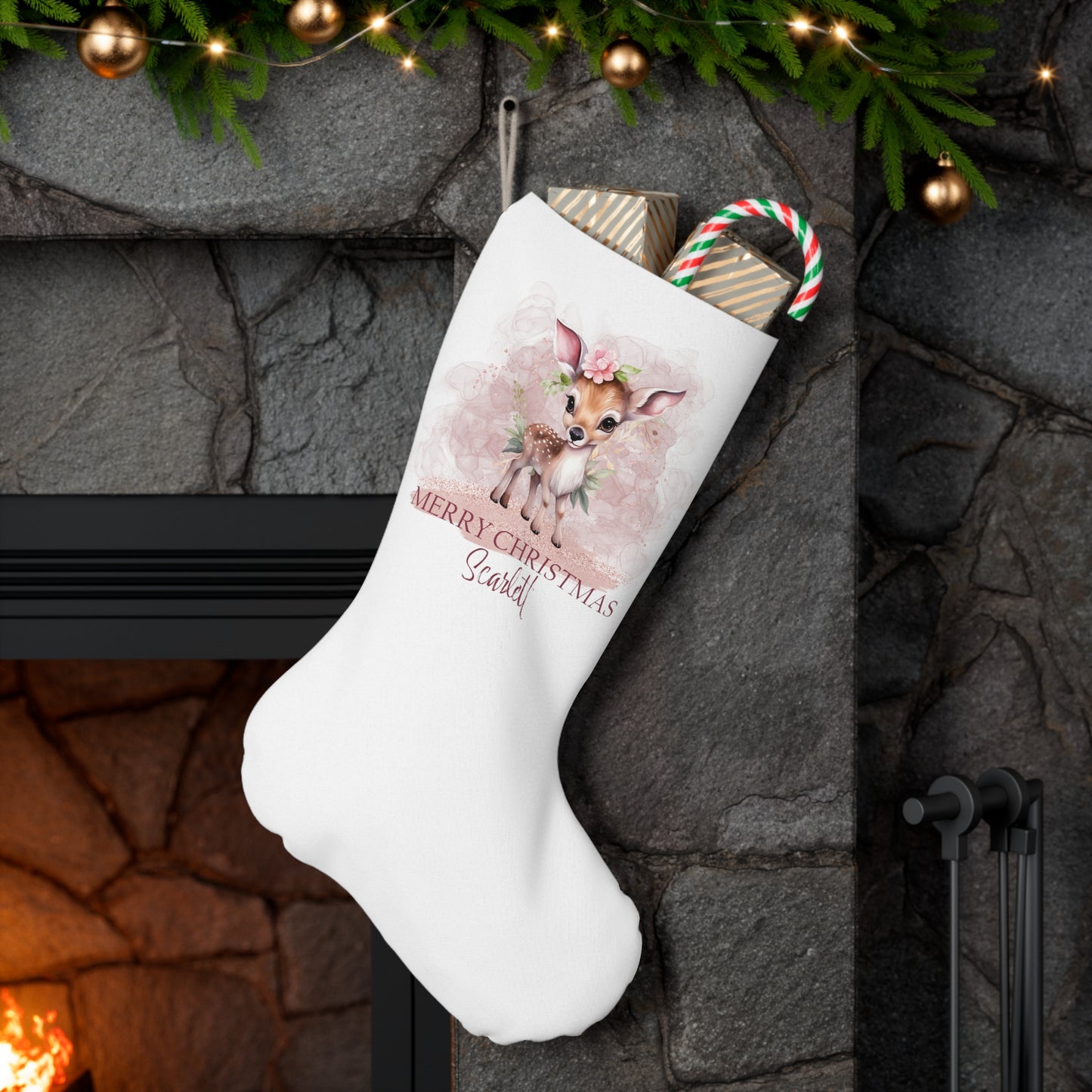 Personalised Santa Stocking, Pink Christmas Dear