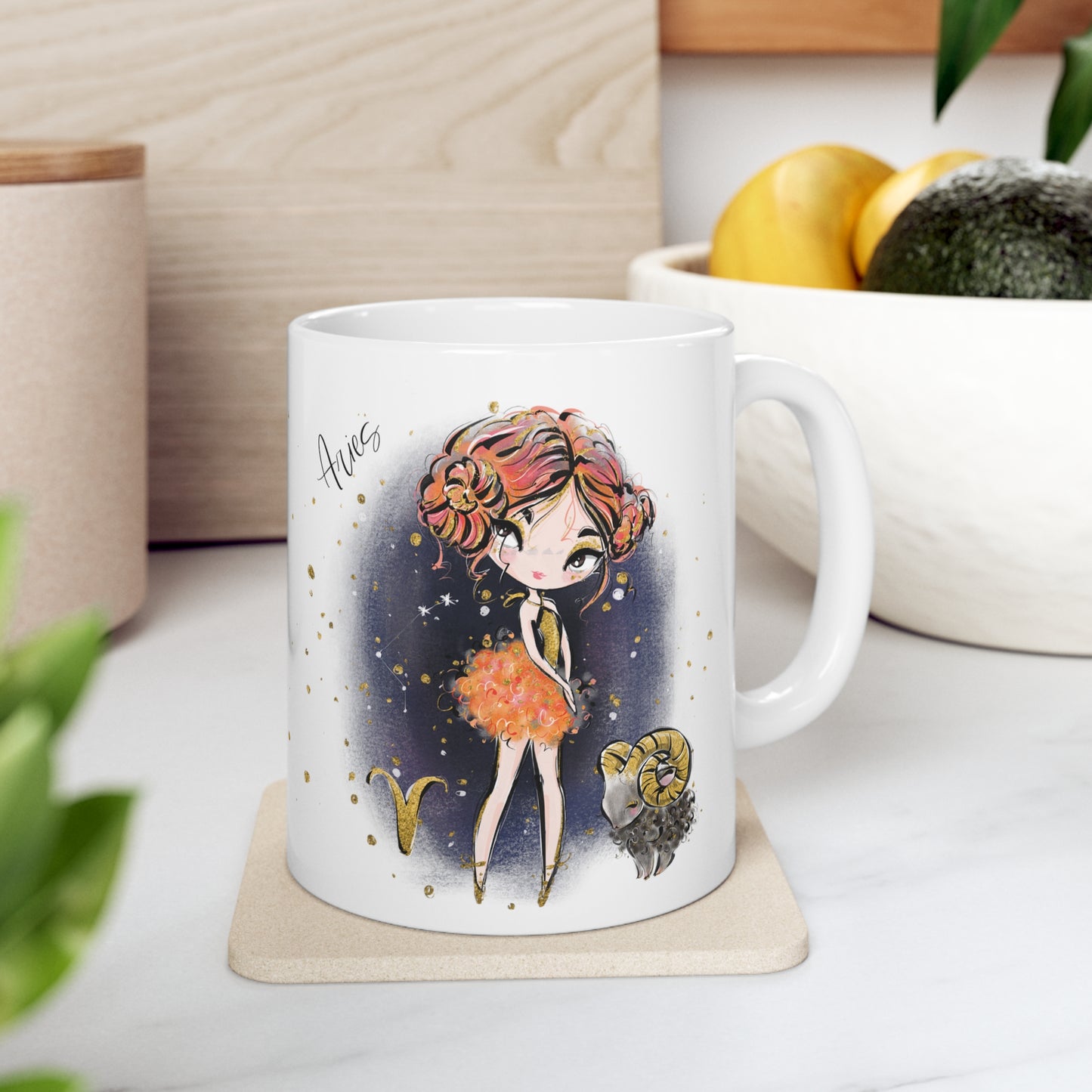 Personalised/Non Personalised Zodiac Sign, Aries, Ceramic Mug 11oz Red Hair - Brown Eyes - Bg