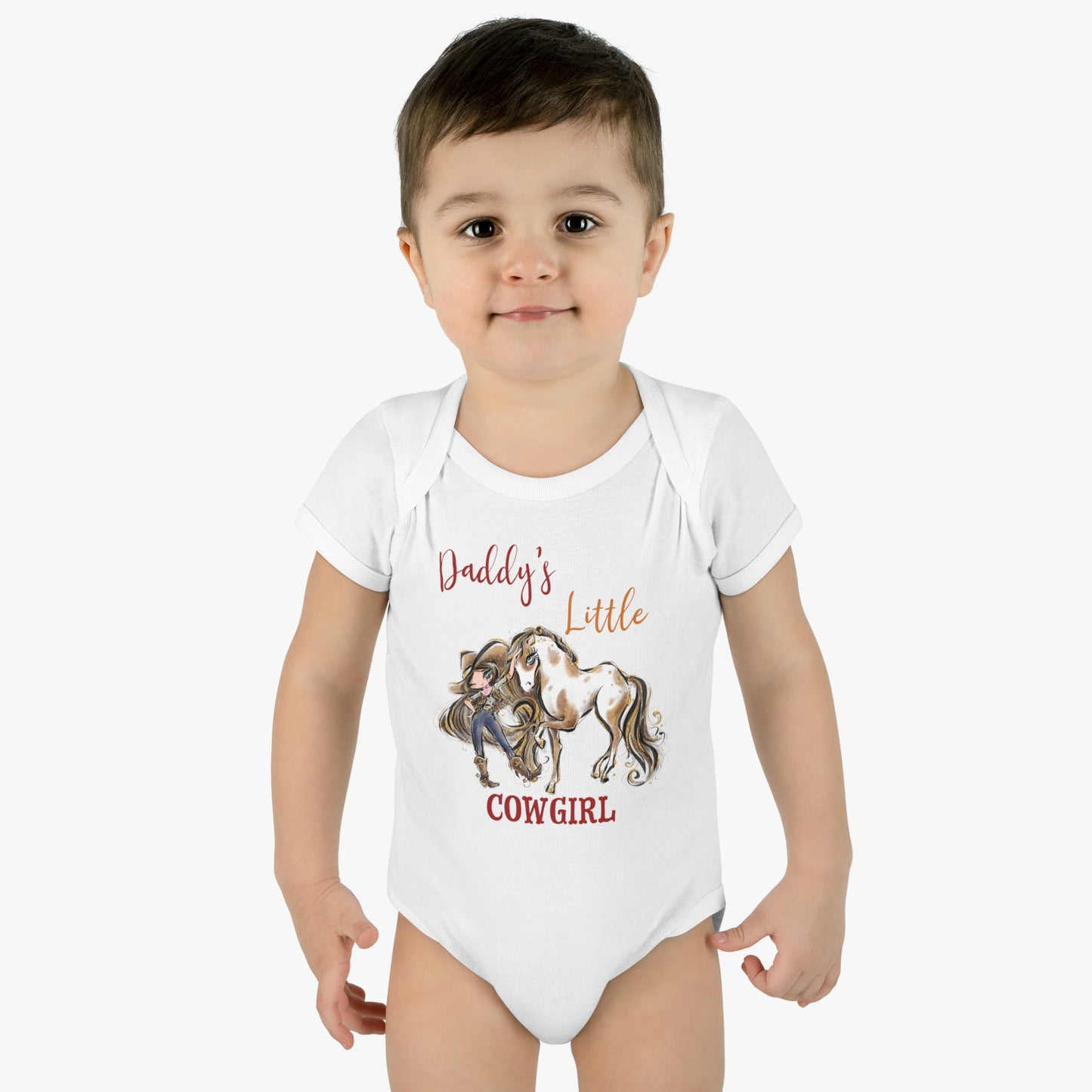 Infant Baby Rib Bodysuit, Daddy's Little Cowgirl baby Bodysuit, Cowboy Boots, Girl and Horse