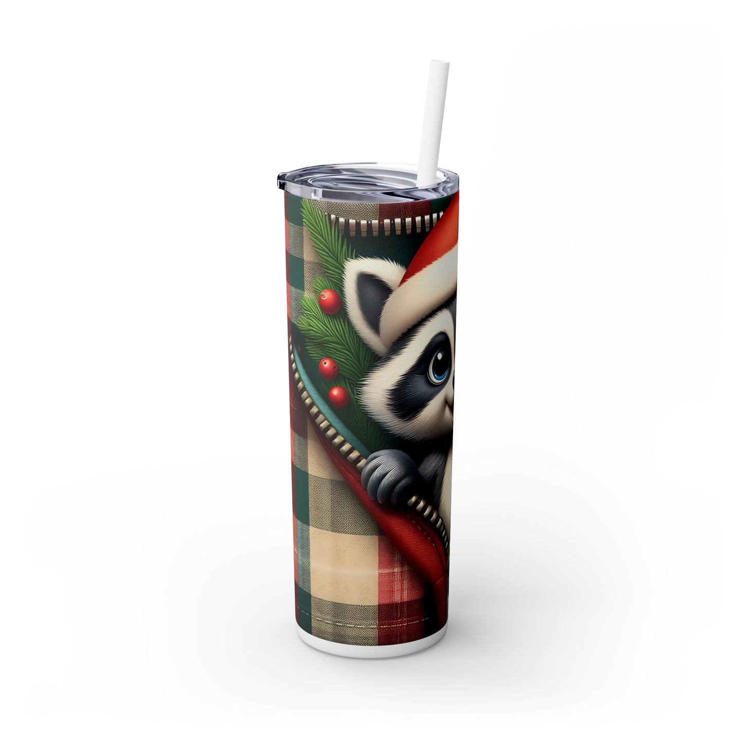 Skinny Tumbler with Straw, 20oz,  Racoon wearing Santa Hat, Zipper, awd-860