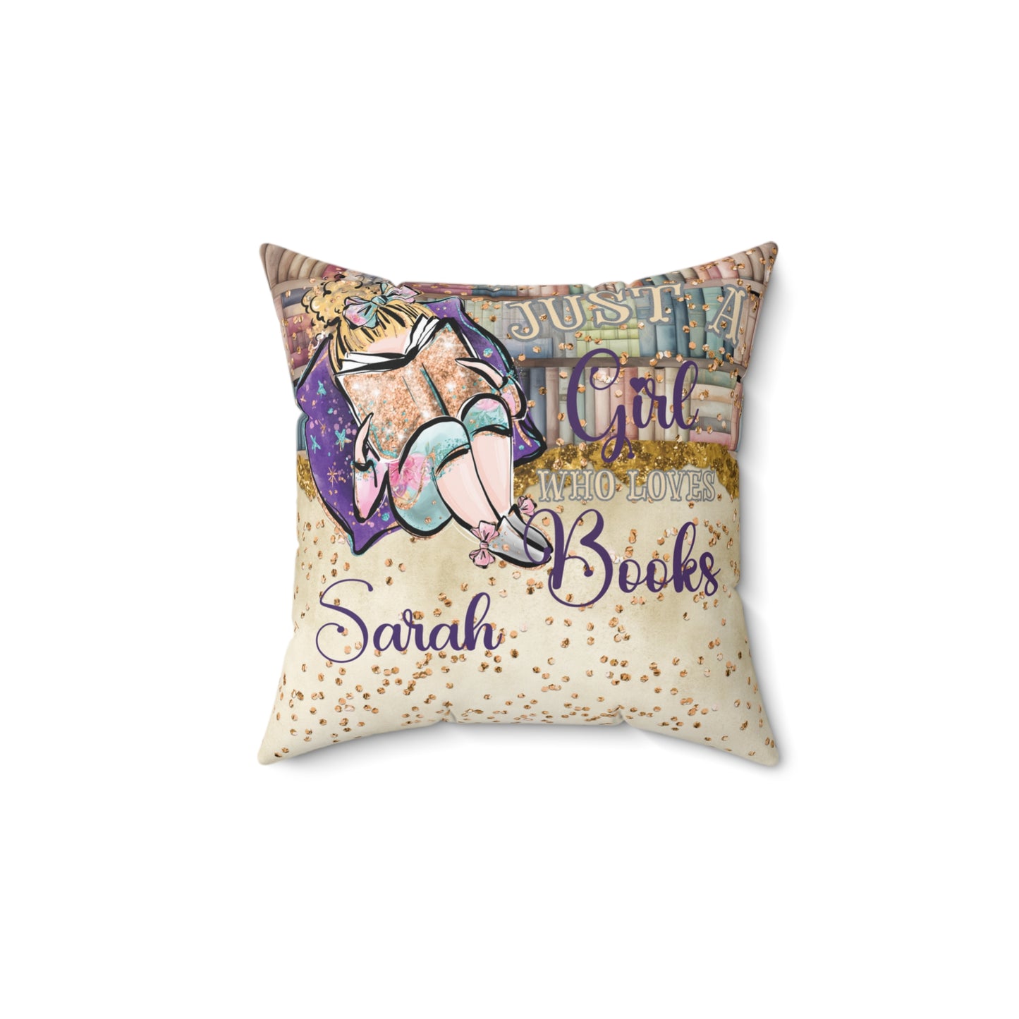 Polyester Square Pillow, Just a Girl who Loves Books, Blonde Hair