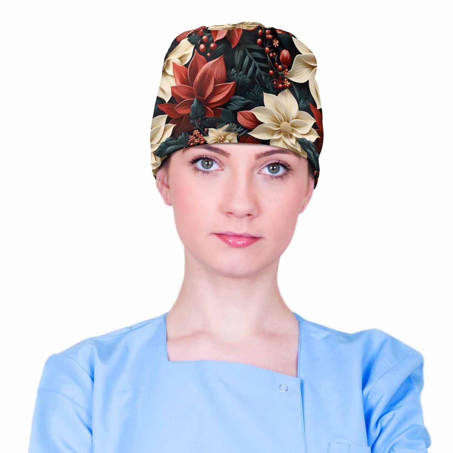 Red and Cream Poinsettia  Scrub Cap