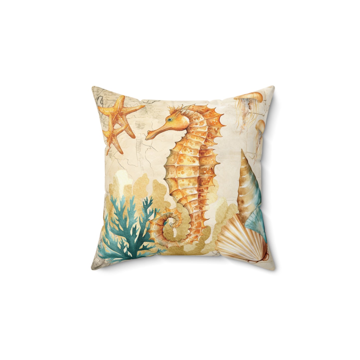 Nautical Polyester Square Cushion, Nautical cushion, Natural Seahorse