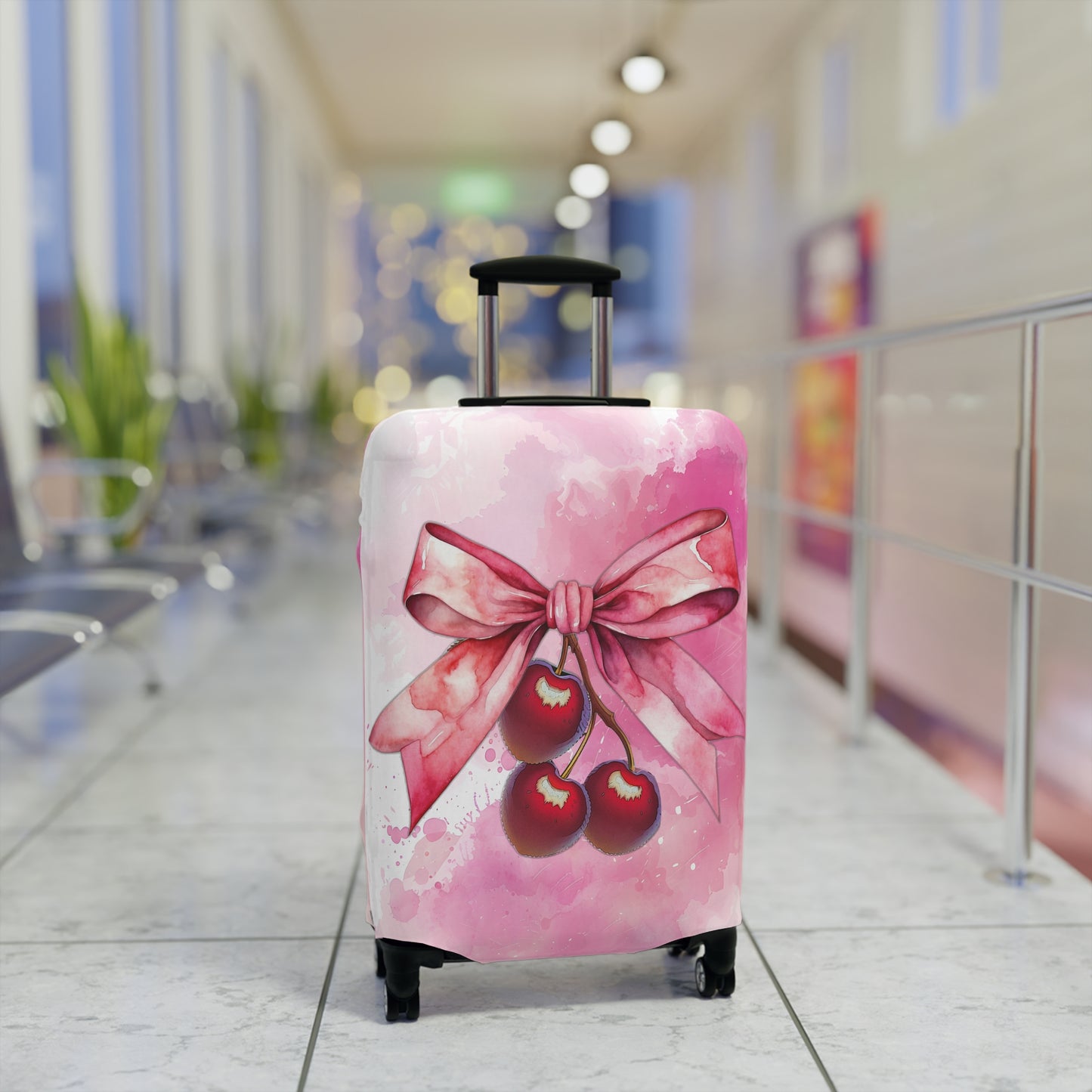 Luggage Cover, Rockabilly, Coquette, Pink Watercolor Cherries and Ribbon, awd-2504