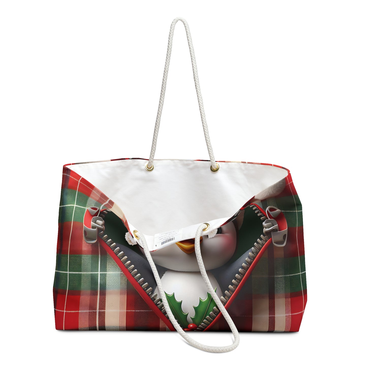 Personalised/Non-Personalised Weekender Bag, Cute Penguin, Christmas, Tartan, Large Weekender Bag, Beach Bag, Book Bag