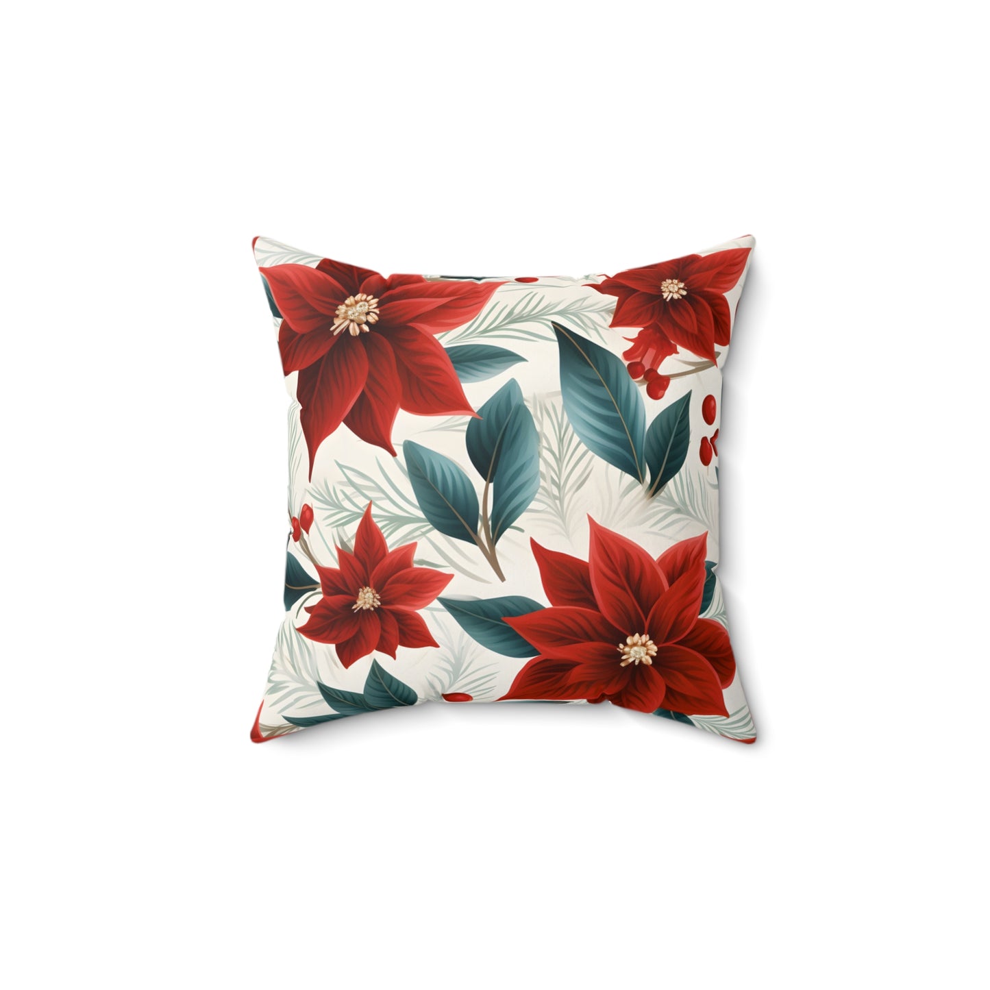 Spun Polyester Square Pillow, Red Poinsettia Floral Cushion