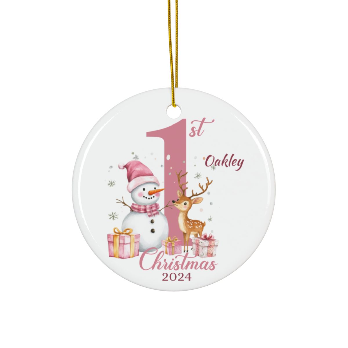 Personalized Baby's First Christmas Ornament, Pink Snowman Ceramic Keepsake
