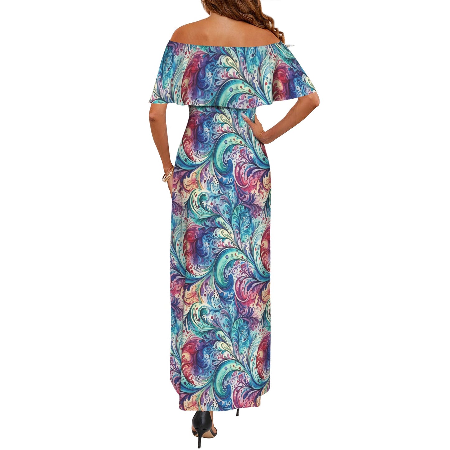 Rainbow Paisley Women's Off Shoulder Ruffle Boat Neck Dress (Model D71)