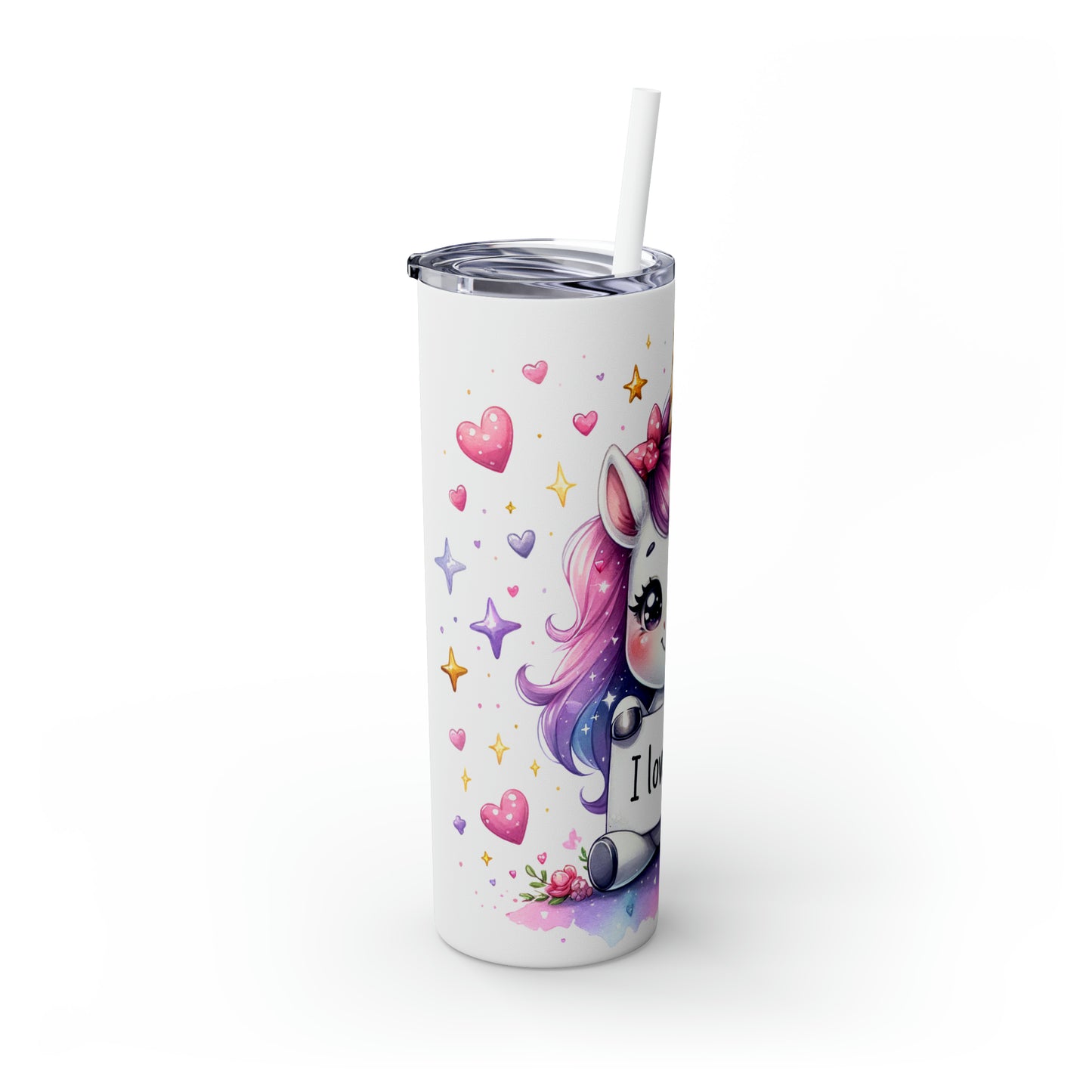 Skinny Tumbler with Straw, 20oz, Unicorn, I Love you