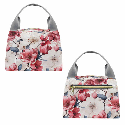 Pink Floral Small  Portable Lunch Bag-Grey Handle