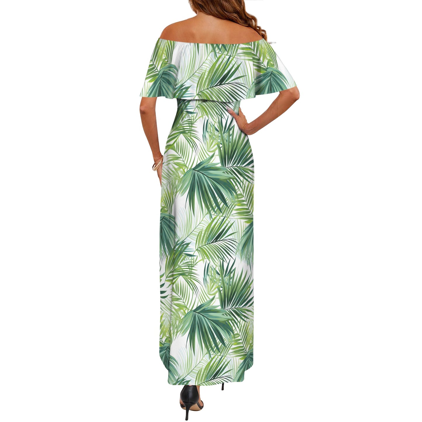 Green Palm Leaves Women's Off Shoulder Ruffle Boat Neck Dress (Model D71)