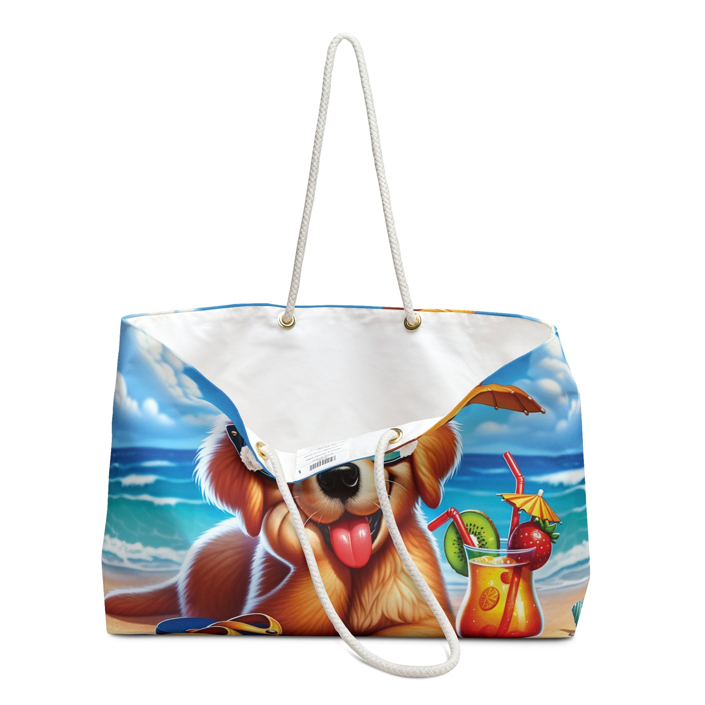 Personalised/Non-Personalised Weekender Bag, Summer Beach Dog, Golden Retriever, Large Weekender Bag, Beach Bag, Book Bag