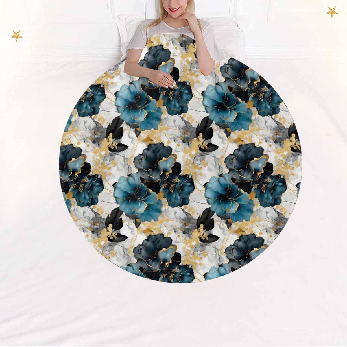 Blue & Gold Ink Floral  Circular Micro Fleece Blanket 47"