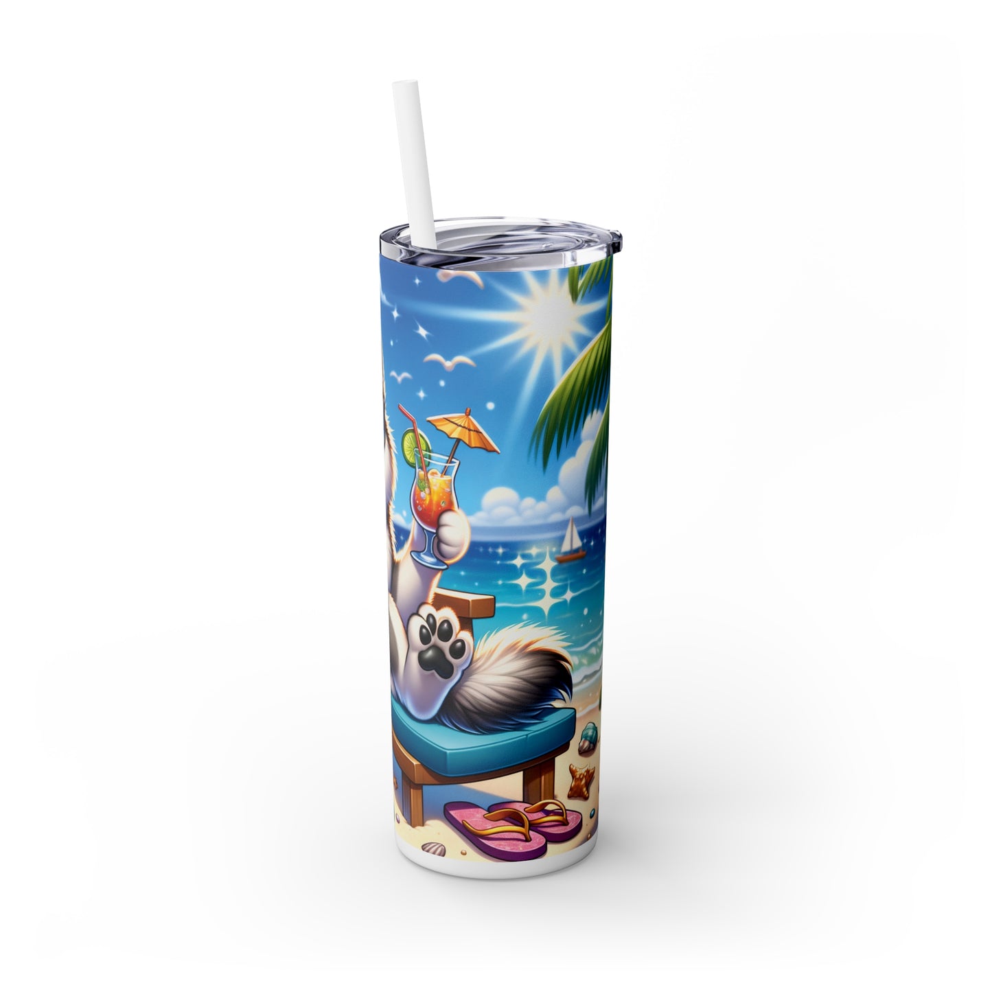 Skinny Tumbler with Straw, 20oz, Dog on Beach, Alaskan Malamute, awd-1116